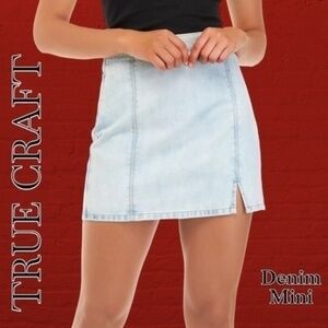 TRUE CRAFT 100% Cotton Sun-Bleached Vertical Seam Side Zip Denim MiniSkirt NWT